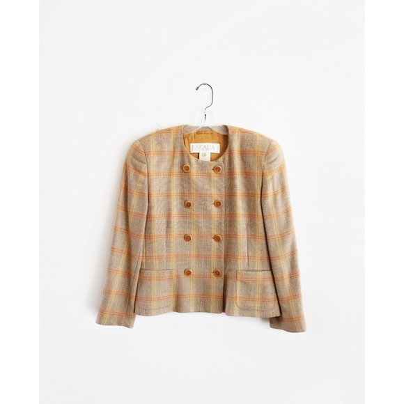 Vtg 80s 90s Escada Peach Tan Plaid Blazer 8 10